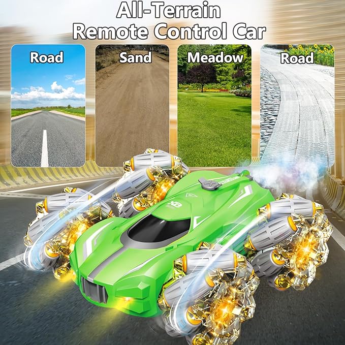 Remote Control Car, 10-in-1 Functions 2.4GHz Clectric Racing Stunt Car, Double-Sided 360°Rrolling Rotation, Spray Music 4WD High-Speed Off-Road Suitable for 6 7 8-12 Years Old boy Toys (Green)