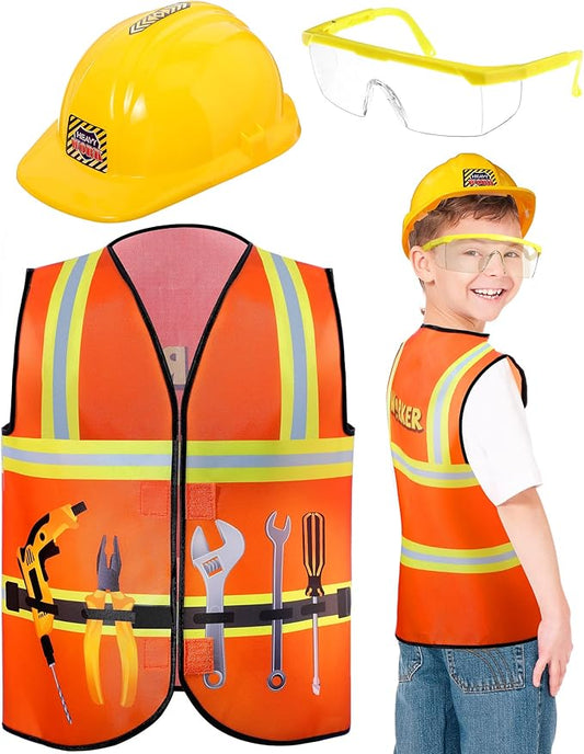 Handepo Construction Worker Costume Kids Hard Hat Construction Vest Goggles Toddler Dress Up Set Birthday Party Girls Boys(Yellow)