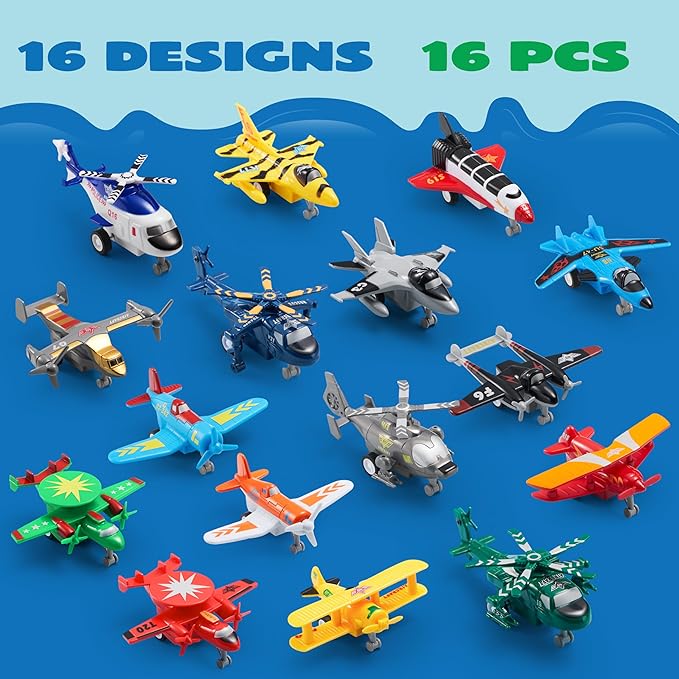 JOYIN 16 Pcs Pull Back Airplane Toys, Boys Plane Playset, Aircraft Incl Helicopter, Fighter, Bomber, Biplane Toy, Gifts for Toddler Kids 3+ Years Old, Kids Presents, Easter Basket Stuffers