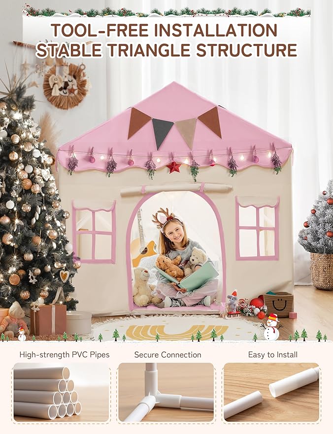 Besrey Kids Playhouse 2 in 1 With Padded Mat and Lights - Large Tent With 2 Doors & 4 Windows for Indoor & Outdoor Use - Christmas Toddler Gift, 51" x 35" x 51"