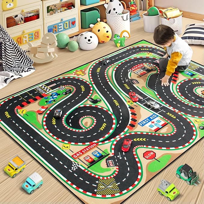 Kids Rug, Race Track Playmat Rugs, Realistic 3D Cascading Surround Route, 4x6 Ft Kids Rug for Playroom, Great for Playing with Cars and Toys, Non-Slip Car Carpet