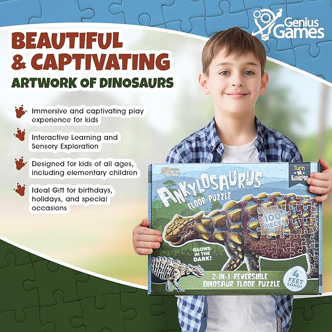 Ankylosaurus Dinosaur Jigsaw Puzzle | 100-Piece Double Sided Floor Puzzle with Glow-in-The-Dark Skeleton On Other Side | 4 FT Scientifically Accurate Dino Illustration | Educational Toy for Kids