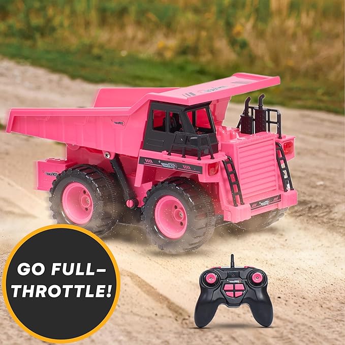 Top Race Remote Control Dump Truck - Pink - 4WD RC Dump Truck with Interactive Lifting Bed, Realistic Design, Powerful Engine, and Durable Non-Toxic Plastic Build for Safe and Fun Play