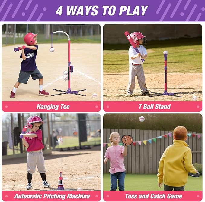 QDRAGON 4 in 1 Tball Set for Toddlers 3-5 with Toss and Catch Ball Set / 2 Bats, Hanging Tee Ball Stand with Auto Pitching Machine, Indoor Outdoor Sport Toys Games Christmas Birthday Gifts for Girls