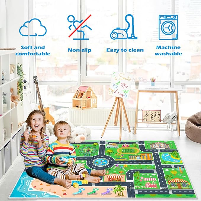 Kids Carpet Playmat Car Rug, Car Rug for Kids Toy Cars and Train, Non Slip Play Mat for Playroom Kids Room, City Life Educational Road Traffic Carpet for Classroom Nursery(Green,71×106in)