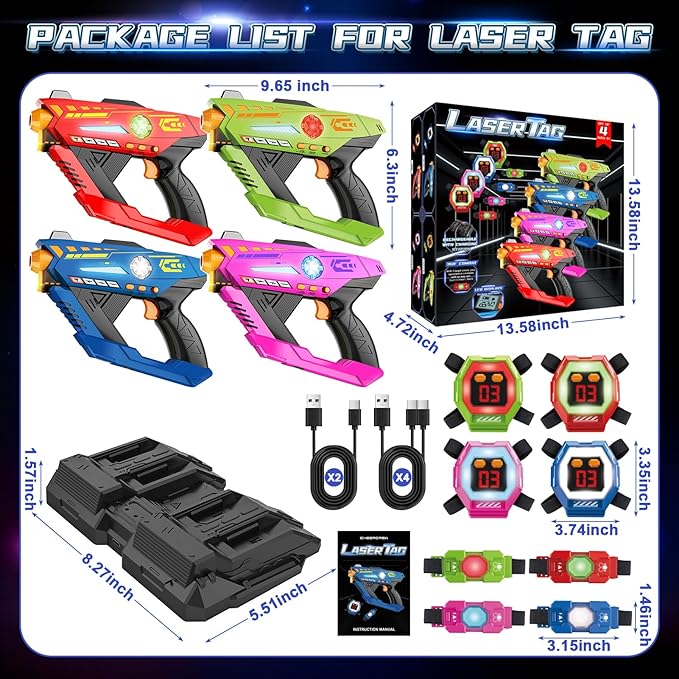 Laser Tag Guns Set of 4 - Rechargeable Infrared Technology Laser Tag for Kids, 360° Sensors+LCDs+Adjustable Life Value, Fun Family Game Toy Guns Teen Gifts for Ages 8+