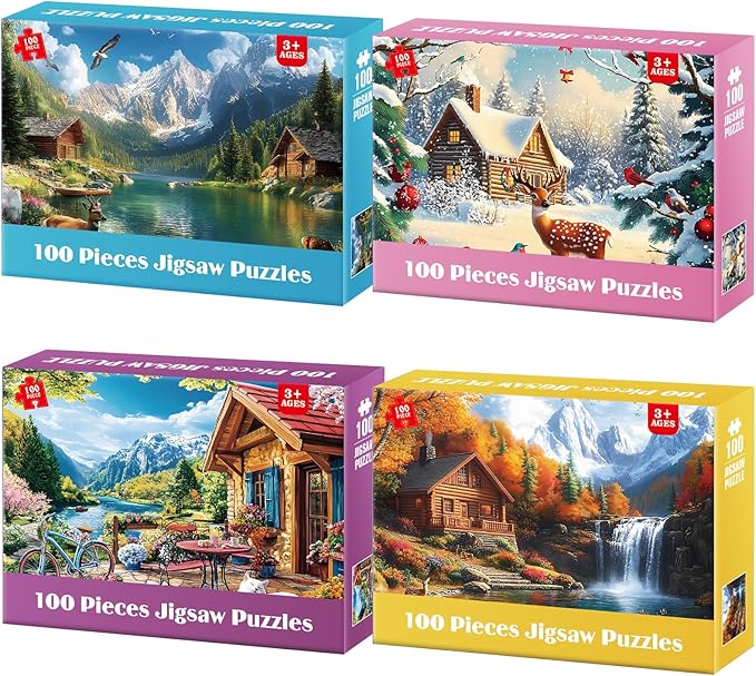 100 Piece Puzzles - Four Seasons Scenery Large Piece Puzzles for Senior Adults Kids Puzzle Ages 5-8 Jigsaw Puzzle for Kids Ages 4-6 6-8 8-10 Year Old Educational Toys for Girls Boys 4-Pack