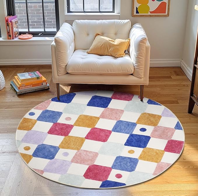 jinchan Round Rug 4ft Kids Washable Rug Colorful Trellis Indoor Floor Cover Non Slip Soft Modern Living Room Diamond Carpet for Nursery Room Bedroom Playroom Berries on Cream