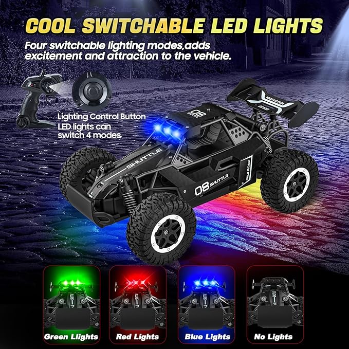Remote Control Car for Kids 3 4 5 6 7+, 20 KM/H High-Speed RC Cars with LED Lights, 2.4GHz 2WD Monster Truck Toys, Rechargeable RC Car, Toy Cars for Girls Boys, Christmas & Birthday Gifts–Black