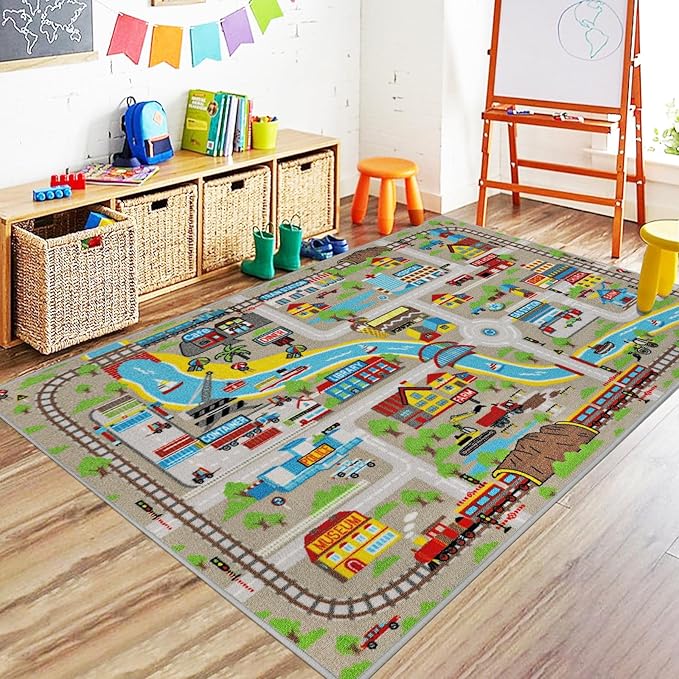 Capslpad Kids Rug for Playroom 3'3" x 5'2" Educational Learning Kid Play Area Rug Large Traffic Road Cars Play Mat for Kids Toy Nursery Rug Carpet for Living Room Home Decor, Tan