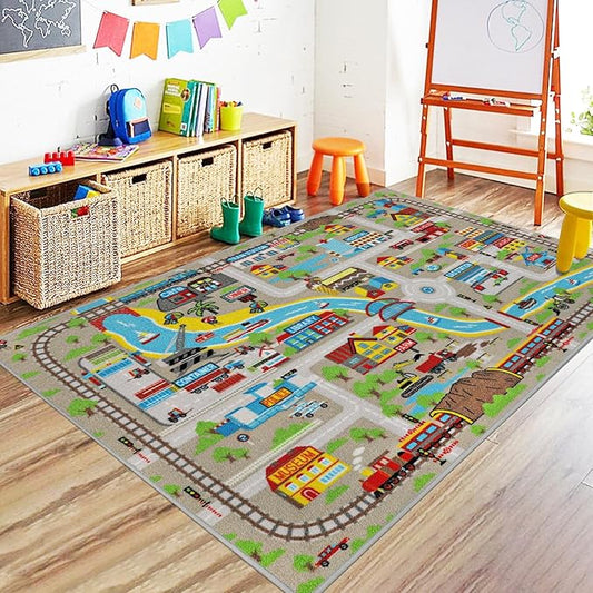 Capslpad Kids Rug for Playroom 3'3" x 5'2" Educational Learning Kid Play Area Rug Large Traffic Road Cars Play Mat for Kids Toy Nursery Rug Carpet for Living Room Home Decor, Tan