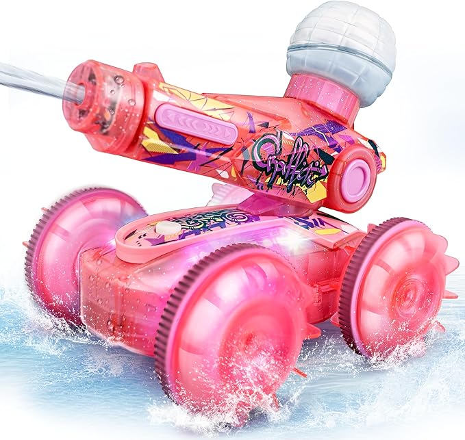 BEZGAR Amphibious Remote Control Car Toys for Ages 6-8, Rc Stunt Car with Water Gun for Boys and Girls 8-12, Remote Control Boat with Light Beach and Pool Toys for Kids (Pink)
