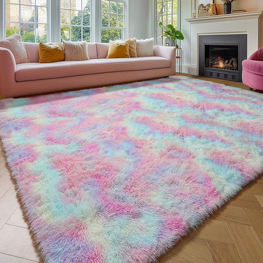 Amdrebio Rainbow Unicorn Colorful Kids Rugs for Girls Bedroom, 8x10 Fluffy Shag Area Rugs for Playroom Classroom, Large Pastel Room Decor Aesthetic, Cute Fuzzy Kawaii Princess Carpet for Baby Toddler