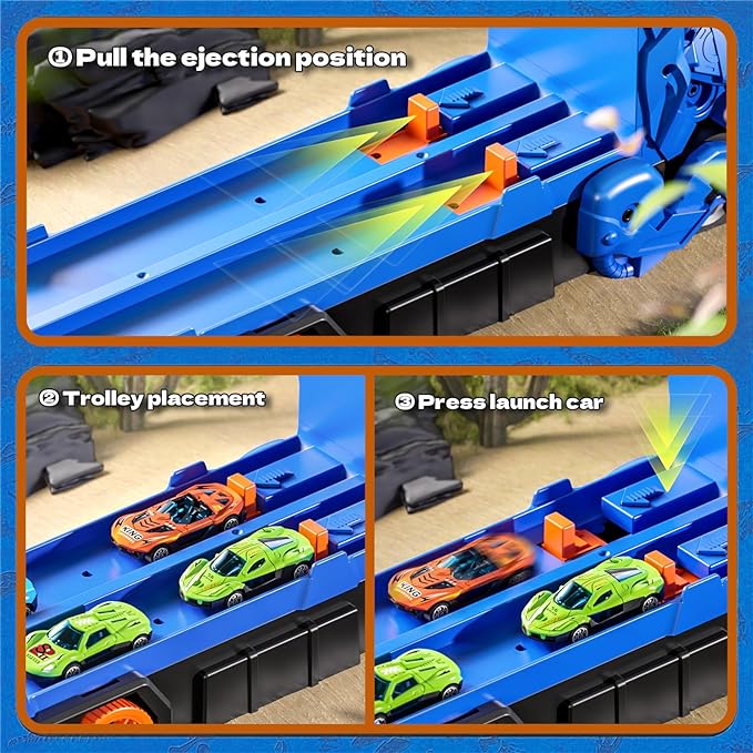 Toddler Car Truck Toys Gifts for 3 4 5 Years Old Boys, Toy Cars Track Set Dinosaur Transport Truck with 12 Pcs Die-Cast Cars Toys, Transforms into Dino, Toy Gifts for 3 4 5 6 Year Old Boys