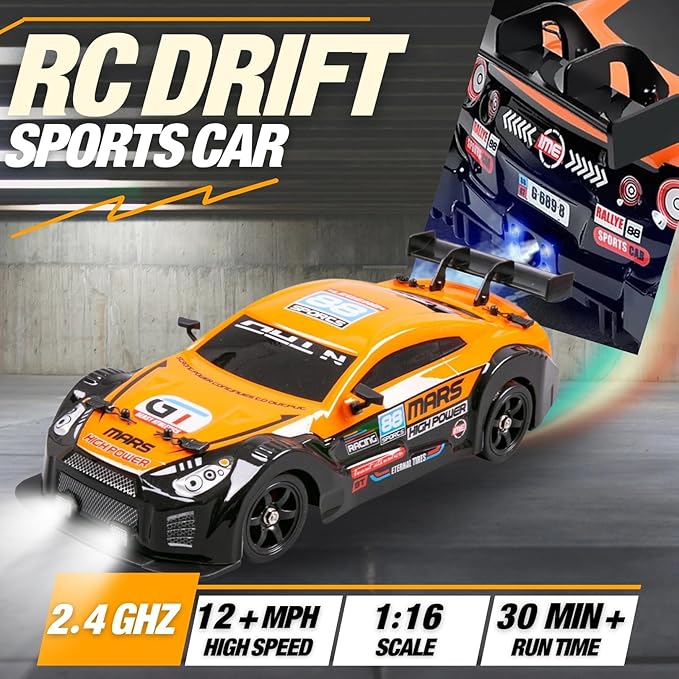 Liberty Imports RC Drift Car 1/16 2.4GHz 4WD Remote Control Sport Racing On-Road Vehicle with LED Light, Batteries and Drift Tires (Orange)
