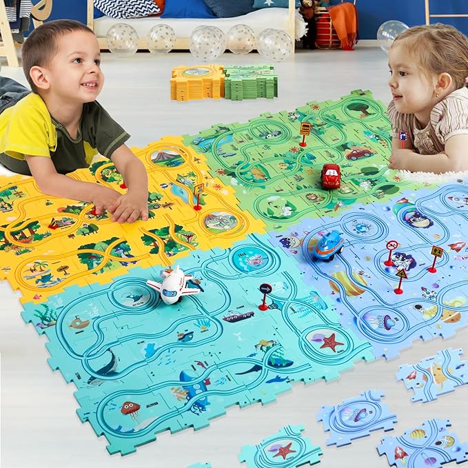 Puzzle Racer Kids Car Track Set Puzzle Racer Car Track Set with Roadmap Puzzle Track Car Play Set Toy for Kids 3-8 Years Old(100Pcs, 4 Stytle)