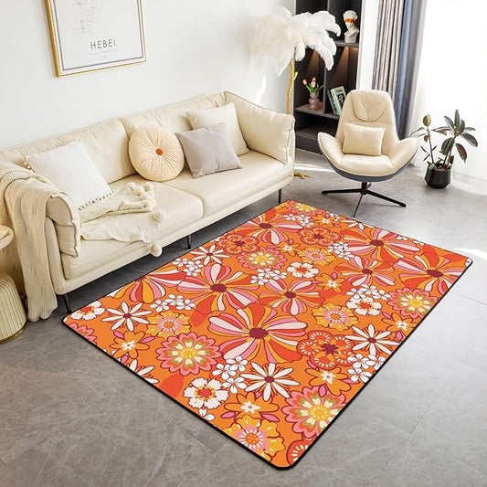 Erosebridal Colorful Groovy Flowers Area Rug 4x5 Hippie Retro Aesthetic Floral Carpet for Girls Teen Women Trippy Vintage Hippy Botanical Decorative Rug Abstract Funky Non Slip Rug