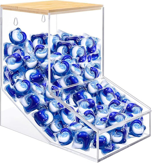 TCJJ Acrylic Laundry Pods Container & Dishwasher Pods Holder - Wall Mountable & Freestanding Dispenser with 2 Lids for Powder, Dryer Balls, Beads - Sturdy 3mm Clear Acrylic Design Fits Any Home Decor