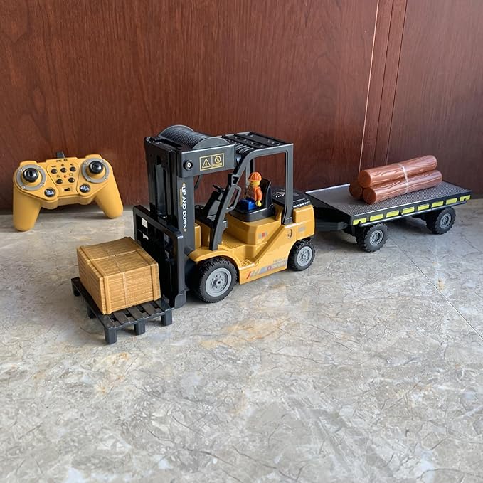 Remote Control Forklift with Flatbed Truck, 11 Channel RC Forklifts with Spray, Cool Lights & Sound, 2 in 1 Lift Fork & Hook, Crane Construction Toys for Boys, Birthday Gift for Kids 3+