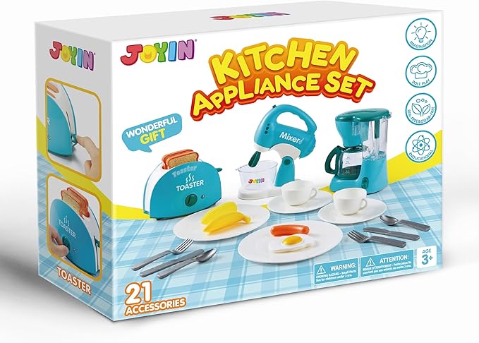 Joyin Play Kitchen Toys, Pretend Play Food Kitchen Accessories GirlsToy with Coffee Maker, Mixer, Toaster with Realistic Lights& Sounds, Birthday Gift for Kids Ages 2 3 4 5, Blue