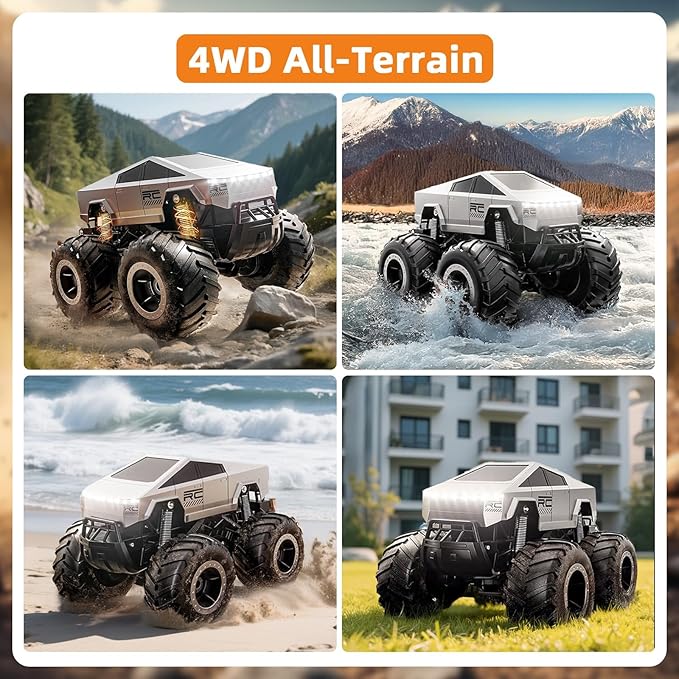 Amphibious Remote Control Cyber Monster Truck for Kids 8-12+ Years Old, 1:16 Scale 4WD All-Terrain RC Stunt Car, Waterproof Off-Road Pool Toy with Lights, Top Birthday Gift for Boys & Girls