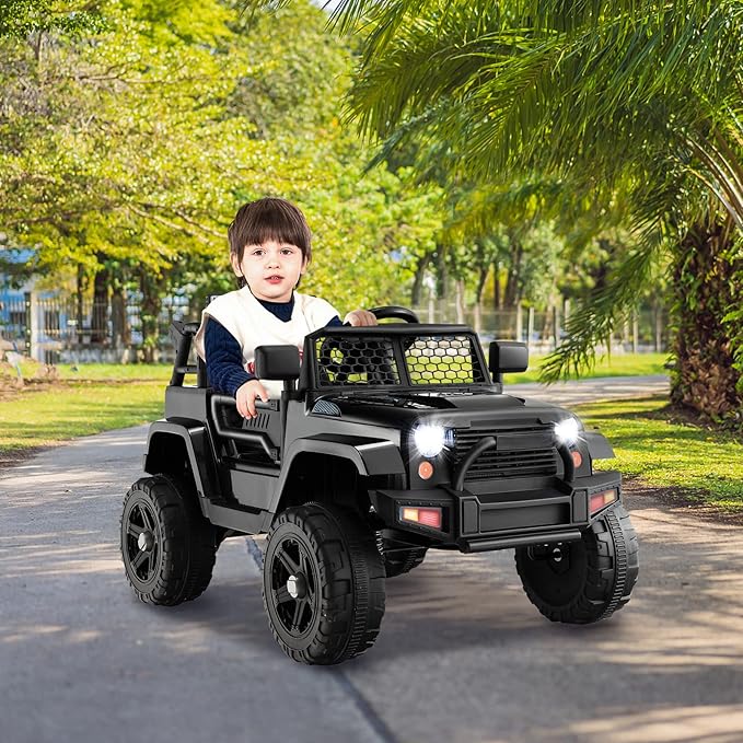 Costzon Ride on Car, 12V Battery Powered Truck Vehicle with Remote Control, Spring Suspension, Headlights, Music, Horn, MP3, USB & Aux Port, Gift for Boys Girls, Electric Car for Kids (Black)