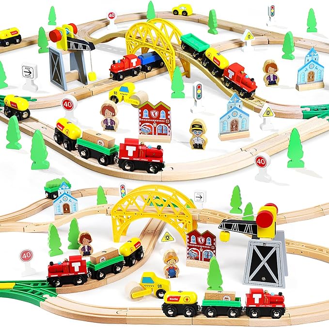 TOY Life Wooden Train Set 60pcs with Magnetic Crane, Wooden Train Tracks Toys for Toddlers Boys Girls 3 4 5, 3 Year Old Boy Gift, Wood Toys Toddler Train for Kids 4-8 - Fits Thomas Brio Chuggington