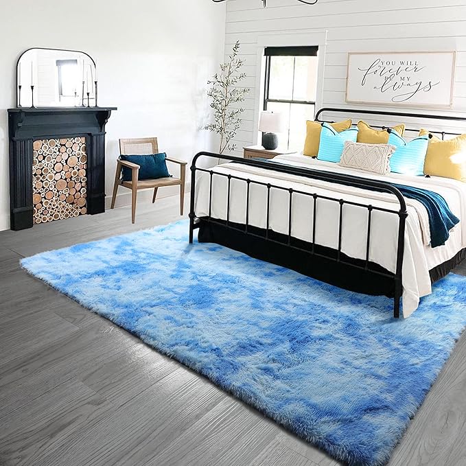 PAGISOFE Fuzzy Area Rugs for Bedroom Living Room Fluffy Shag Fur Rug for Kids Nursery Dorm, Furry Rugs Shaggy Decorative Accent Rug for Home Floor Carpet, 5x8 Feet, Blue