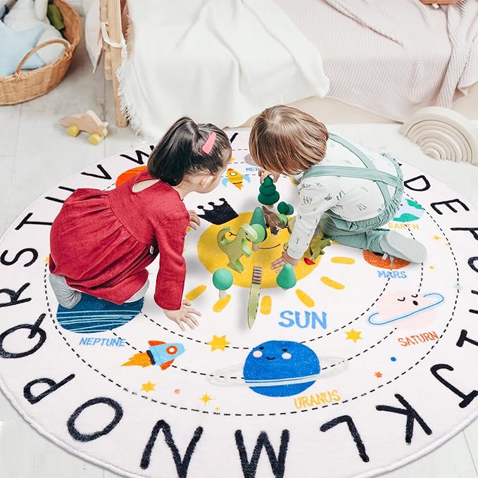 ABC Kids Rug,4 ft Washable Nursery Rug,Soft Plush Educational Circle Rug,Non-Slip Solar System Alphabet Rug for Classroom playroom Bedroom Kids Room Decor