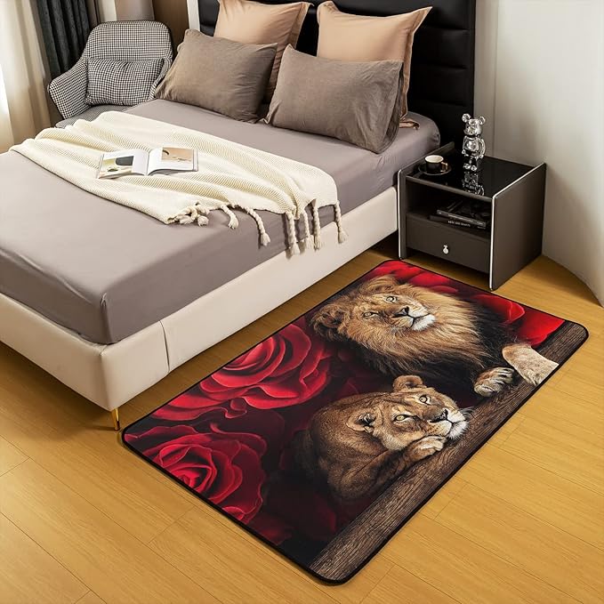 Erosebridal Rose Flower Area Rug 5x6'6'', Animal Lion Print Rug for Kids Teen Boys Girls, Floral Non Shedding Carpet for Bedroom, Modern Style Living Room Rugs