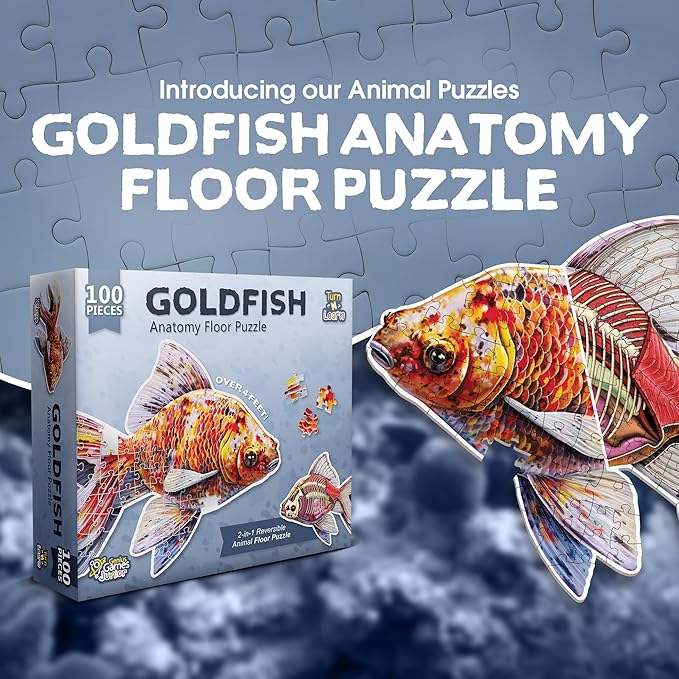 Goldfish Animal Anatomy Floor Puzzle | 100-Piece Double Sided Jigsaw Puzzle | Large-Sized, Over 4 Feet Scientifically Accurate Illustration - Fun and Educational Toy for Kids, Toddlers and Families