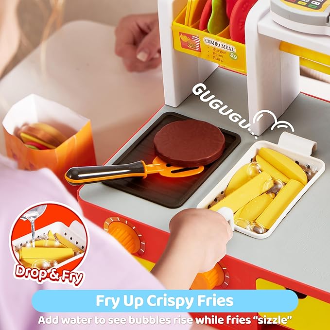 Play Kitchen Toddler Toy - 40+ PCS Fast Food Station with Potato Cutter, Simulated Frying Effect & Lights, Order & Drink Station - Pretend Play Food Toy Birthday Gift for Boys Girls