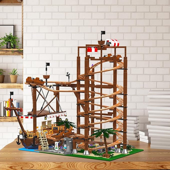 Roller-Coaster Building Set, Motorized Electric Pirate Ship Track, City Amusement Park Toy for Boy Girl Ages 6 7 8 9+, Birthday Gifts for Adult Kid Teen, Theme Construction Collection 2174pcs