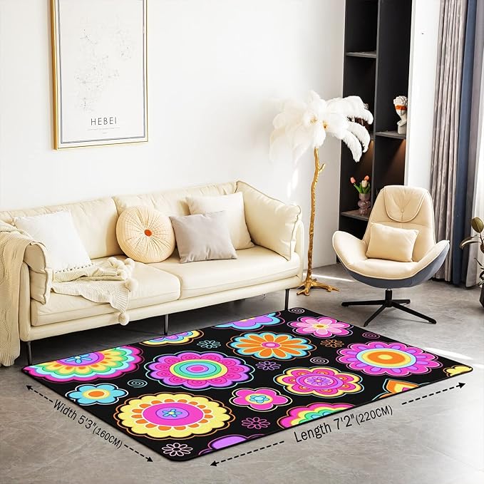 Erosebridal Groovy Flower Power Area Rug 5x7 Girls Neon Purple Black Vintage Floral Rug Hippie Aesthetic Psychedelic Botanical Non Shedding Indoor Floor Mat for Living Room