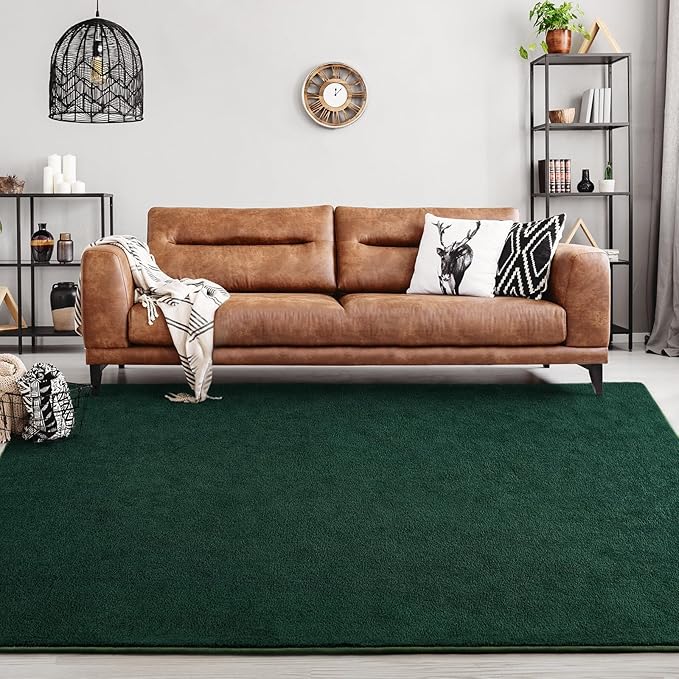 FlyDOIT Area Rugs for Bedroom Living Room, 7x10 Dark Green Super Soft Comfy Thickened Memory-Foam Indoor Carpets, Modern Aesthetic Minimalist Carpet for Boys Girls Adults Apartment Nursery Home Décor