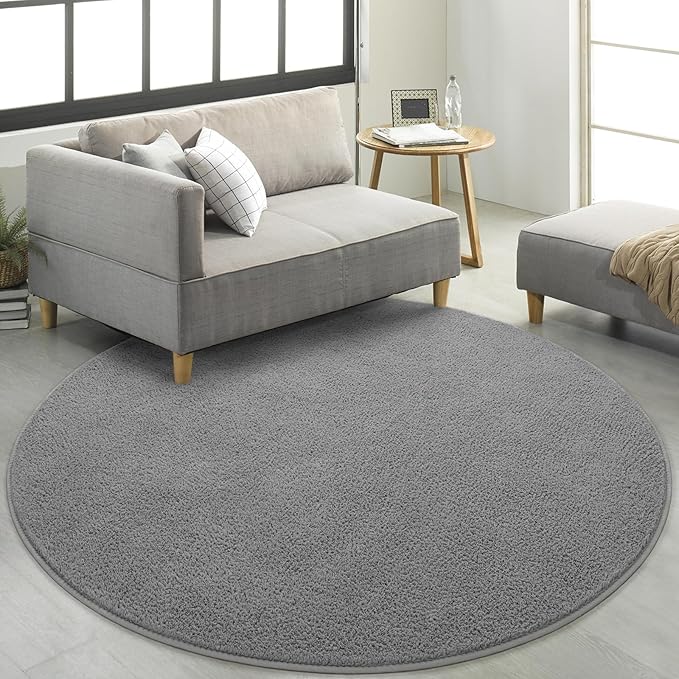 FlyDOIT Round Area Rugs for Bedroom Living Room, 5x5 Grey Super Soft Comfy Thickened Memory-Foam Indoor Circle Carpets, Modern Aesthetic Minimalist Carpet for Boys Girls Adults Nursery Home Décor