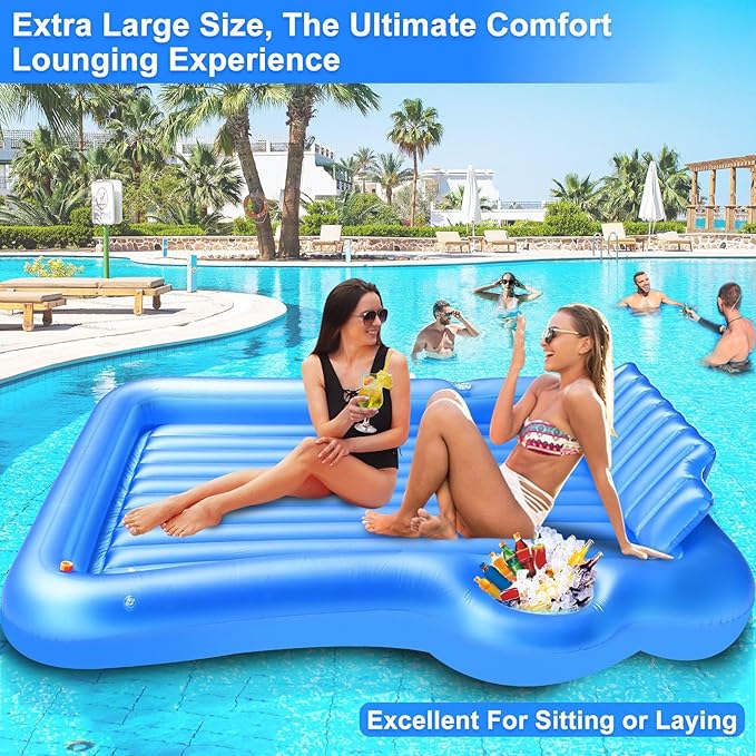 Inflatable Tanning Pool Lounger Float with Sprinkler, 83" x 63" Extra Large Pool Floats Adult with Pillow Cooler Tray, 6 in 1 Suntan Tub Raft Floatie Sunbathing Bed Water Summer Backyard Fun XL-Blue