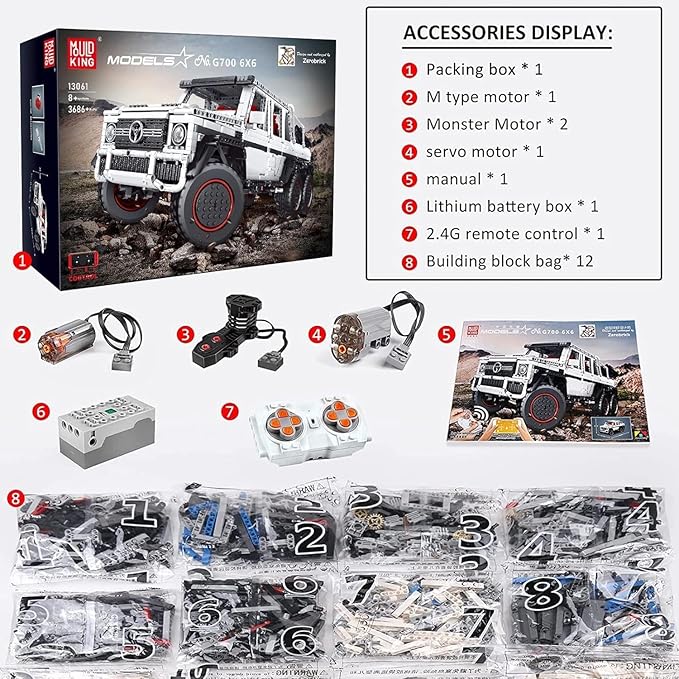 Mould King 13061 Off-Road Pickup Trucks Building Kits Toy, 6x6 MOC Building Blocks Model Off-Road Vehicle with Motor/APP Remote Control, Gift for Kids Age 8+/Adult Enthusiasts(3686 Pieces)