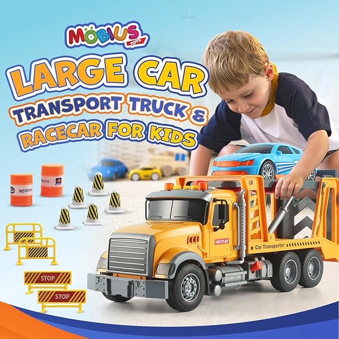 Mobius Kids Tow Truck Toy with Race Car Friction Powered Hauling Toy Tow Trucks for Boys Age 3-5 w/Flashing Lights & Sounds - Playset for Kids Boy & Girls Ages 3-9 Working Hook & 11 Cool Accessories