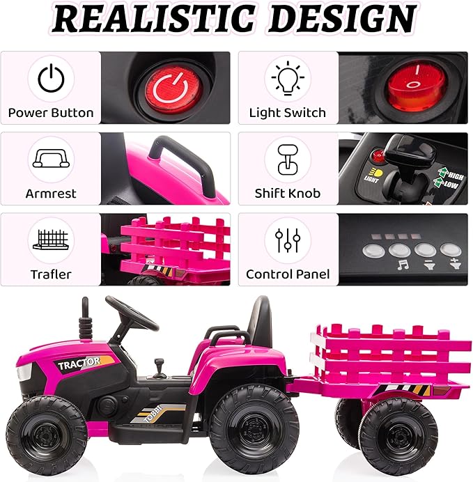 TOBBI Kids Electric Ride On Toy Tractor, 12v Battery-Powered 4 Wheels Ride On Car with Trailer, 35W Dual Motors/3-Gear-Shift/LED Lights/USB Audio Functions for Toddlers 3-6 Years-Rose Red