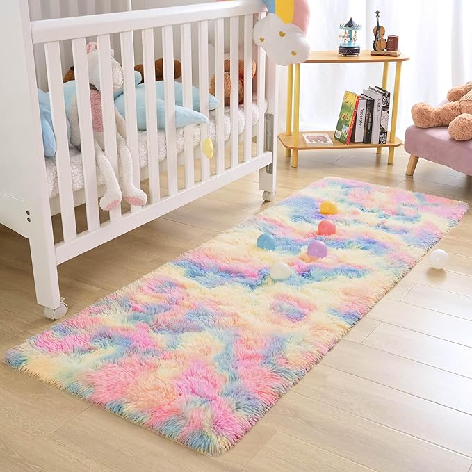 Rainbow Bedroom Runner Rug 2x6 Rainbow Fluffy Rug for Girls Bedroom Soft Carpet Runner, Long Cute Unicorn Shag Rugs for Dorm Classroom Living Room Kids Room Nursery, Colorful Kawaii Home Decor