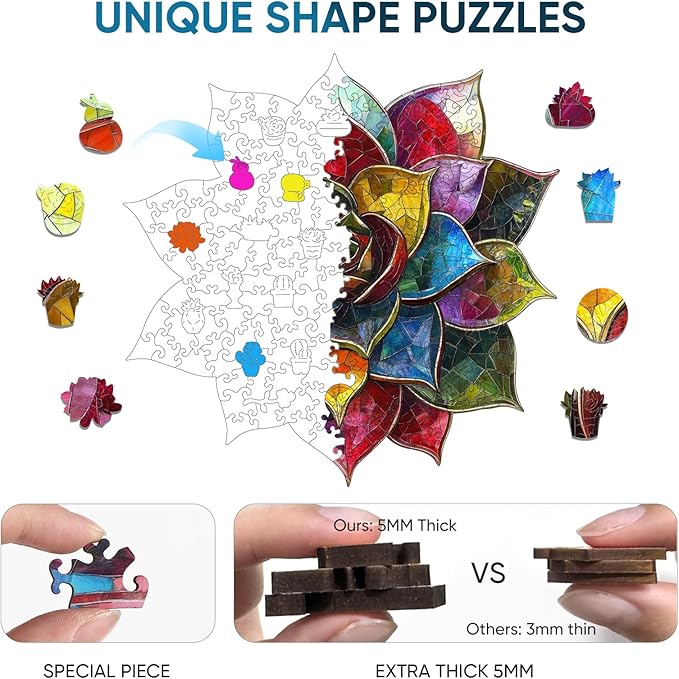 Puzzles for Adults 500 Pieces,Colorful Succulent Wooden Puzzles, 5MM Thick Unique Shaped Flower Jigsaw Puzzles Birthday Gifts for Kids Family Game 16.8 * 16.9inch