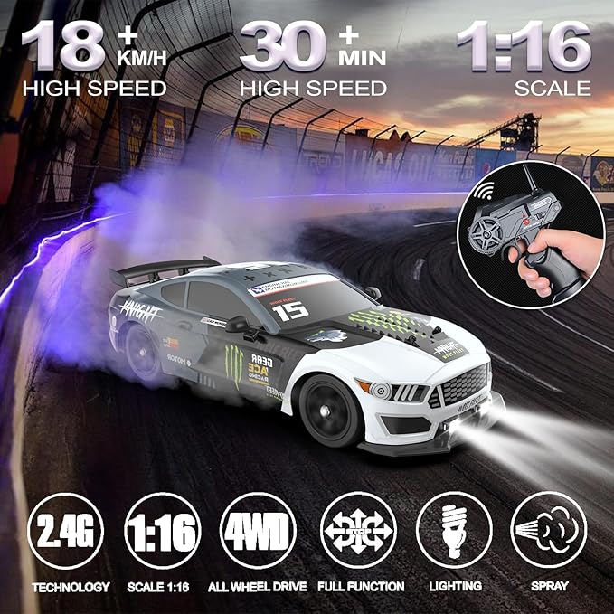 Remote Control Car RC Drift Car 1:16 Scale 4WD 18KM/H High Speed Model Vehicle 2.4GHz with LED Lights Spray Rubber Tire Racing Sport Toy for Adults Boys Girls Kids Gift 2Pcs Rechargeable Batteries