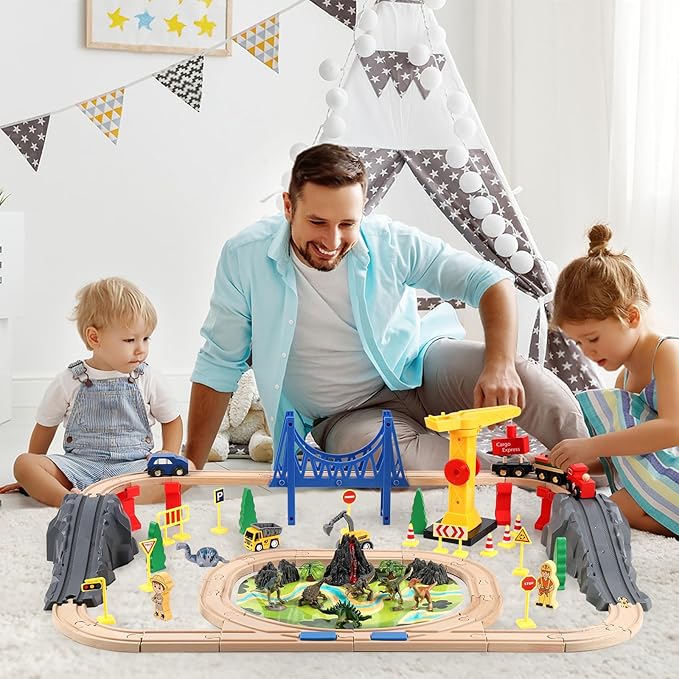 Wooden Train Set for Toddlers & Kids, 72Pcs Wooden Train Track with Crane, Expandable Toys Train Set for 3 4 5 6 7 Years Old Boys & Girls Christmas Birthday Gifts - Fits All Major Brands Railway Set