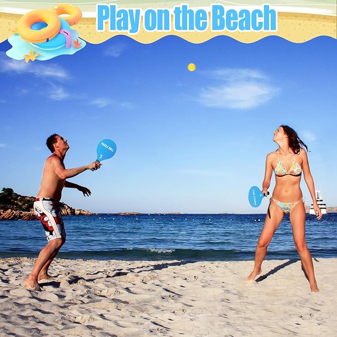 Beach Paddle Ball Set - Funny Paddleball Rackets Game, Outdoor Sports Toys for Kids Adults Family Games Beach Yard Lawn Party Supplies(4 Paddles, 13 Birdies, 4 Balls, 2 Drawstring Bags)