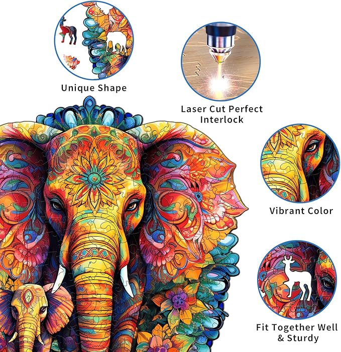 Wooden Puzzles for Adults, Mandala Elephant (L-280pcs) Wooden Jigsaw Puzzles Kids, 12.2 * 11.8in Unique Shaped Animal Wood Puzzles Adults, Xmas Christmas Puzzles Birthday Gift Family Game