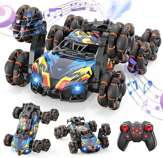 Scientoy Remote Control Car, 2.4Ghz RC Stunt Car Toys for Boys Girls Ages 6-8-10 with Lights Music Spray, 8 Wheels All Terrain RC Drift Car Toys for Ages 8-13 Birthday Gift with 2 Batteries