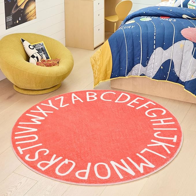 Topotdor Round Kids Play Rug Alphabet Nursery Area Rug Extra Large Soft Crawling Play Mat for Children Toddlers Bedroom (47 inch,Coral)