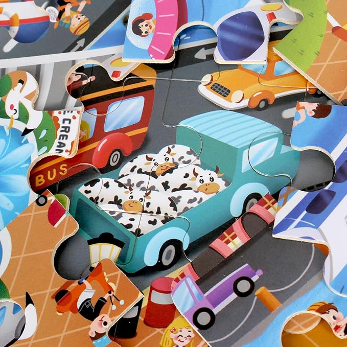 4SET Puzzles for Kids Ages 4-6 - 24 Pcs Wooden Realistic Montessori Toddler Puzzles Ages 3-5 - Construction Vehicles Learning Games for Boys and Girls 4-8 Year Olds