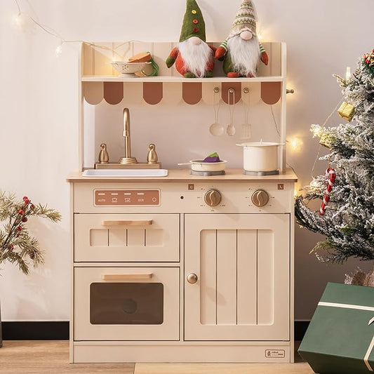 ROBUD Wooden Play Kitchen Set for Kids, Pretend Play Kitchen Toy Set with Golden Faucet, Sink, Oven, Stove, Cabinet, Vintage Style, Gift for Boys & Girls, Ages 3+